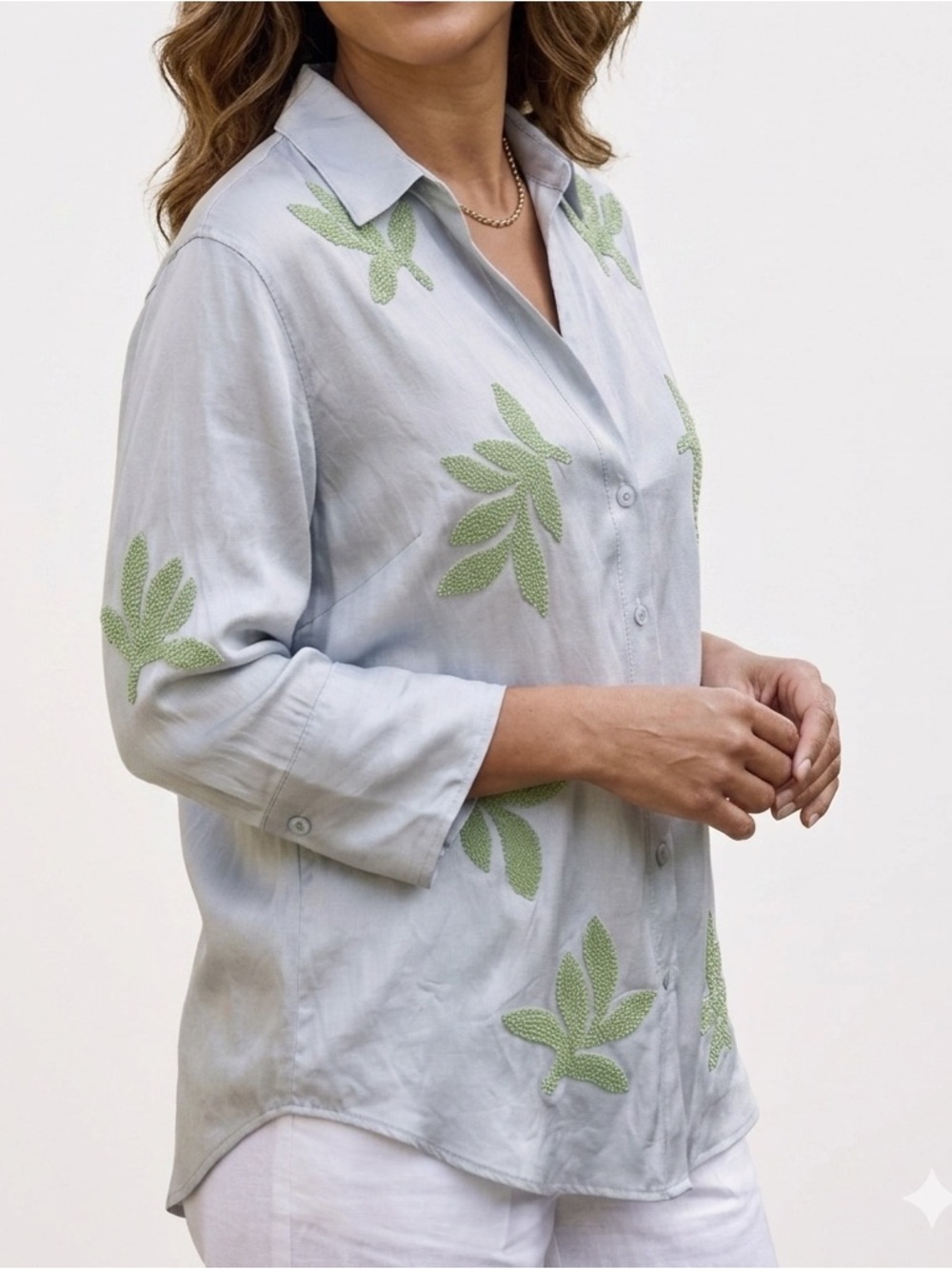 ZARA Beaded Embroidered Leaf Satin Blouse Blue Green Boho Cottagecore SoftGirl S